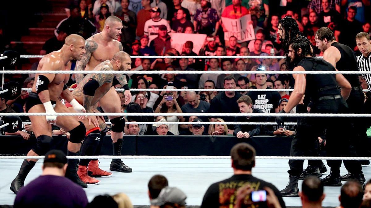 The Shield stare down Evolution at Extreme Rules 2014